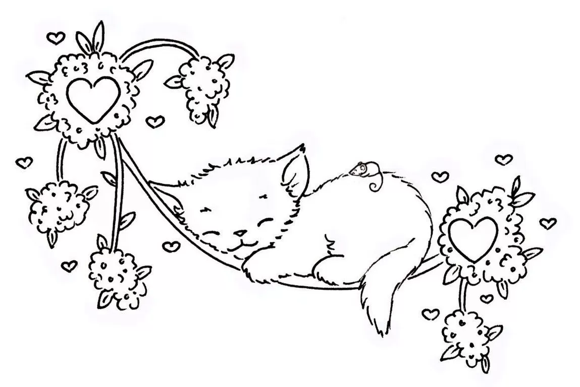 Gatinho dormindo em rede: desenho para colorir com rato e corações.