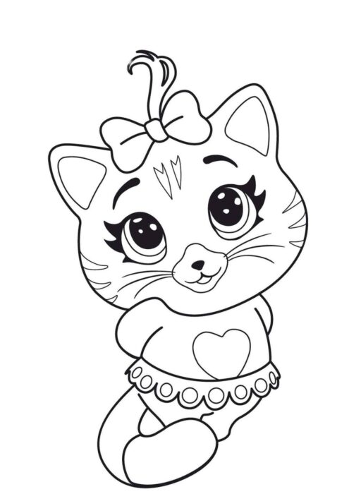 Gatinha dançarina com laço e vestido para colorir