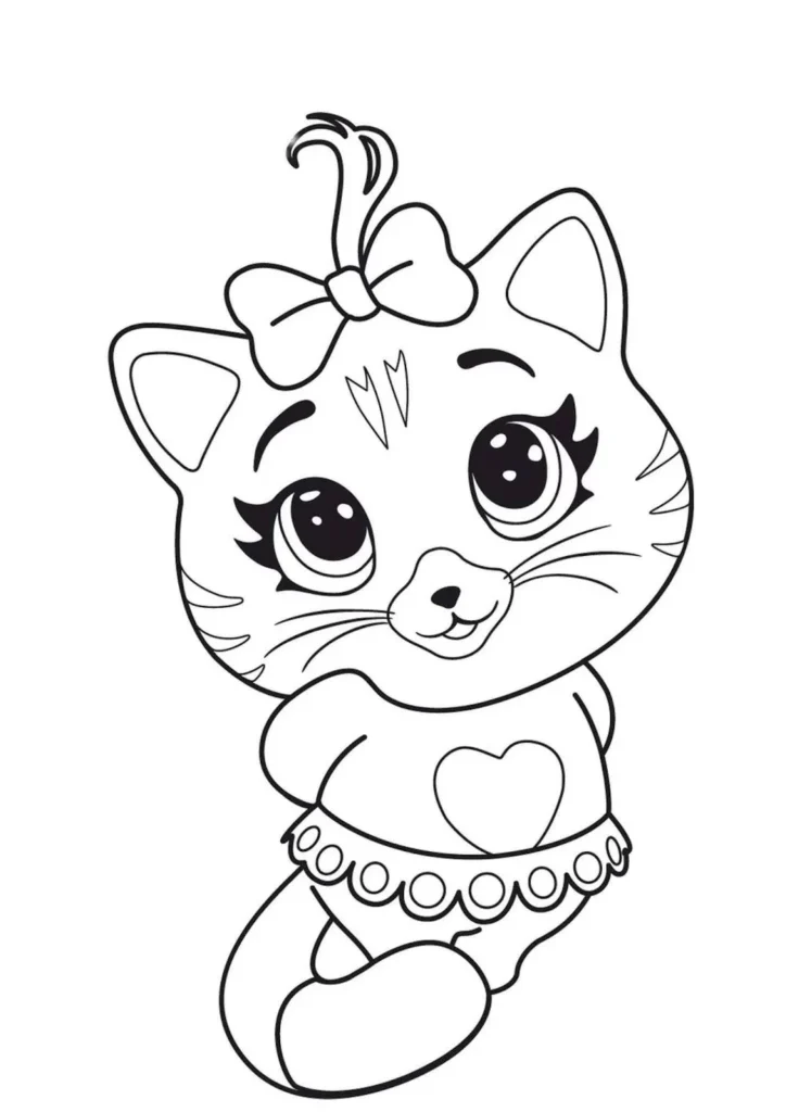 Gatinha dançarina com laço e vestido para colorir