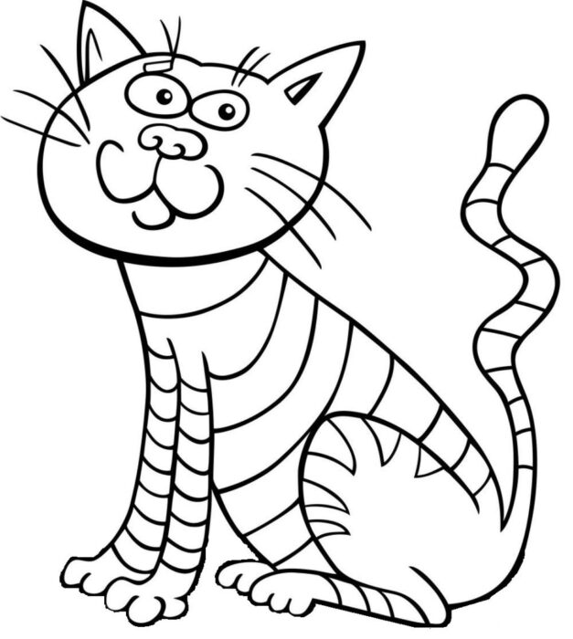 Gato Assanhado para Colorir: Desenho divertido de felino listrado sorrindo.