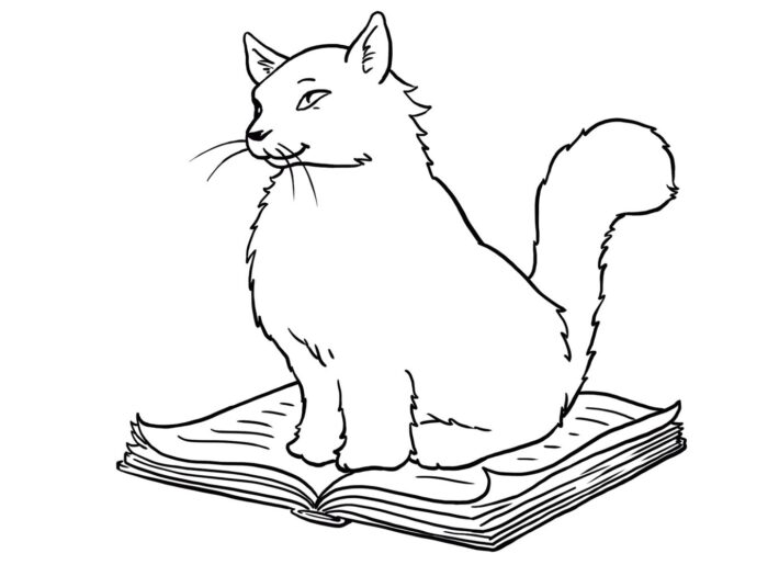 Gato fofo relaxando em livro de desenhos para colorir e se divertir. Imagem para amantes de felinos.
