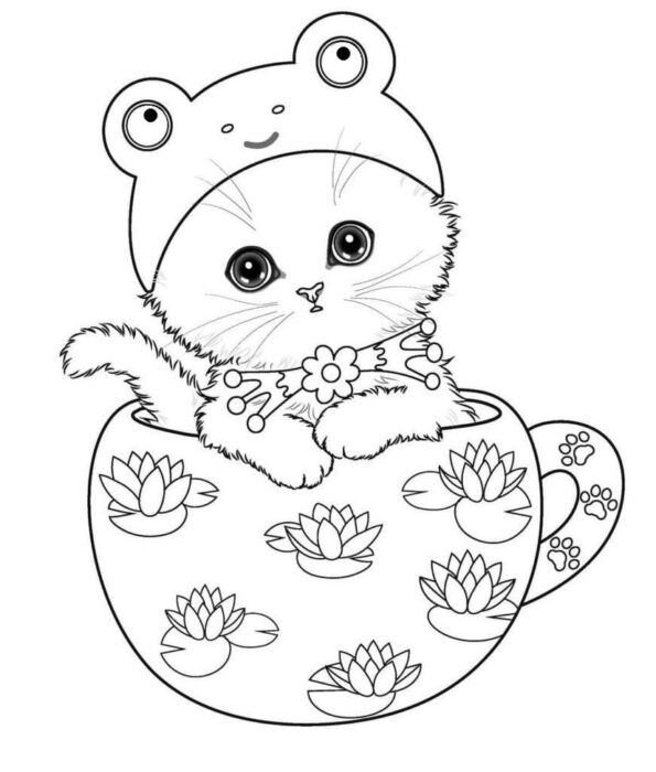 Gato fantasiado de sapo para colorir: desenho divertido com gatinho fofo em xícara florida.