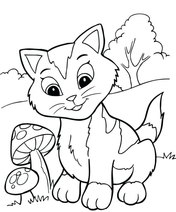 Gatinho observando cogumelos: Desenho para colorir e soltar a imaginação.