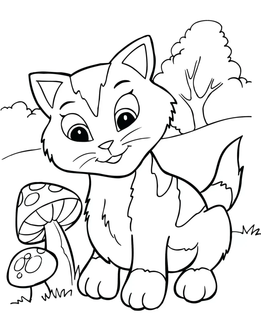 Gatinho observando cogumelos: Desenho para colorir e soltar a imaginação.