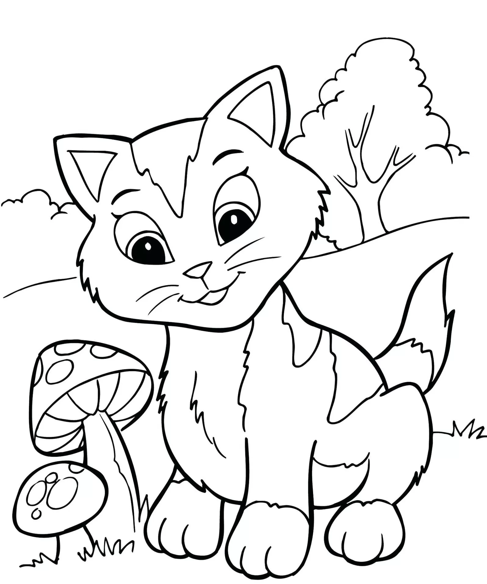 Gatinho observando cogumelos: Desenho para colorir e soltar a imaginação.