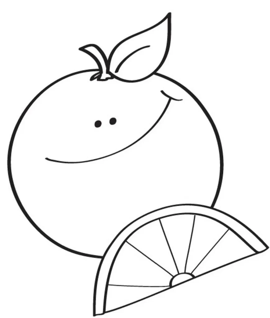 Laranja sorrindo com fatia: desenho para colorir e imprimir.