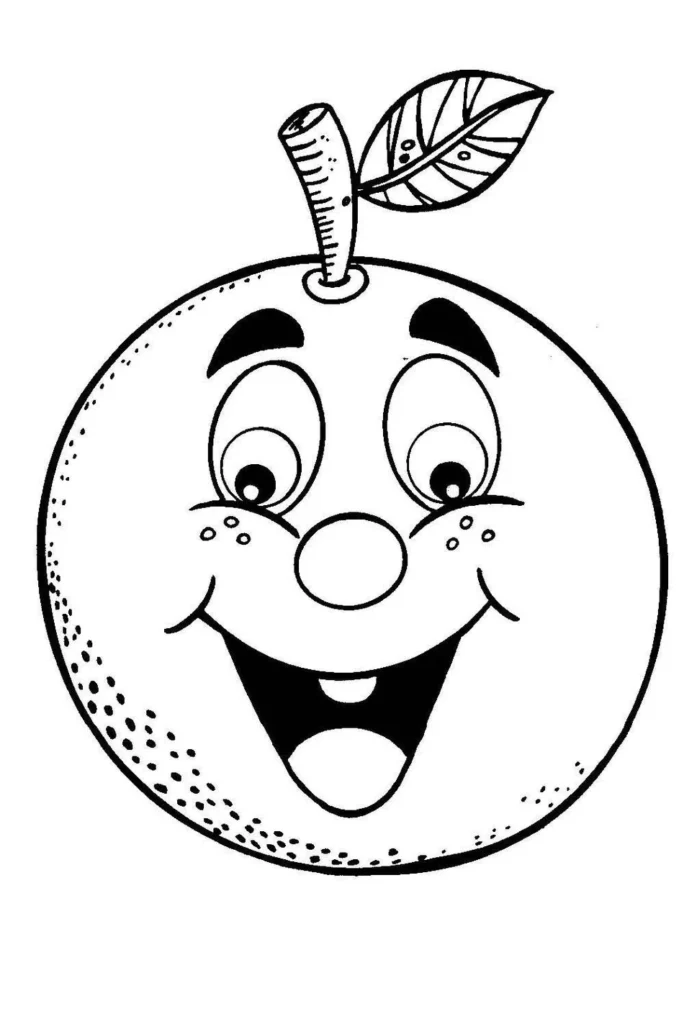 Laranja com rosto amigável para colorir e imprimir. Desenho divertido de fruta sorridente.