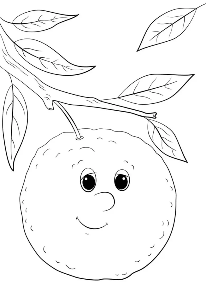 Laranja sorridente no pé: desenho para colorir com tema de frutas cítricas