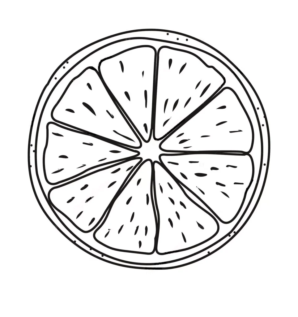 Desenho de laranja para colorir: fatia cítrica com detalhes internos.