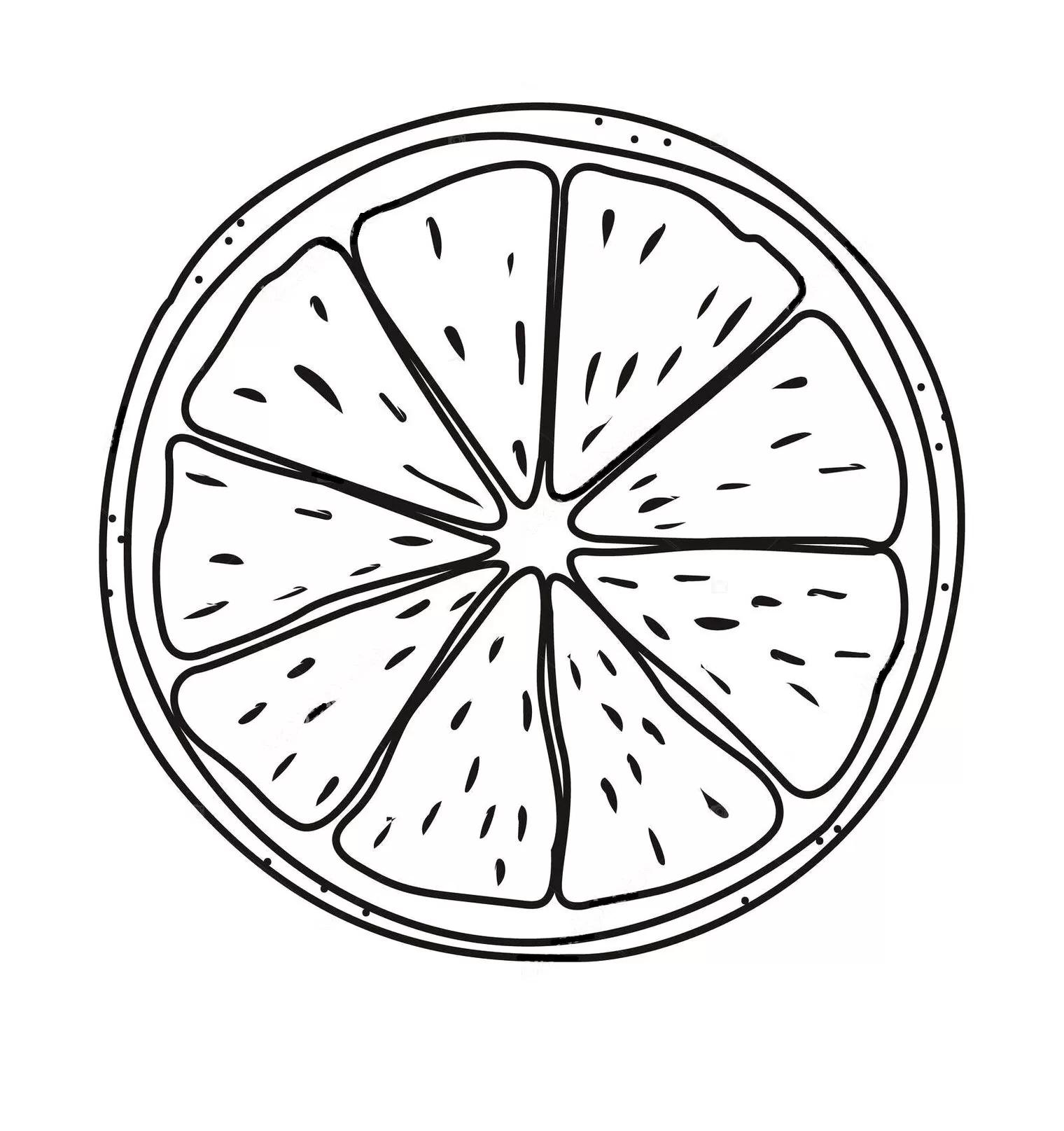 Desenhos de Laranjas para imprimir e colorir Metade da laranja Desenho de laranja para colorir: fatia cítrica com detalhes internos.