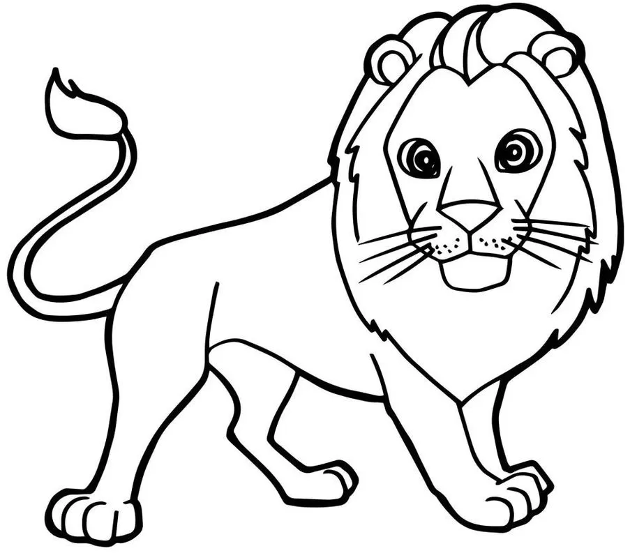 Leão animado para colorir: Desenho divertido de leão com juba grande e corpo robusto.