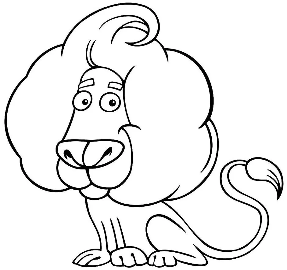 Leão com juba exuberante para colorir e soltar a criatividade. Desenho divertido de leão caricato.