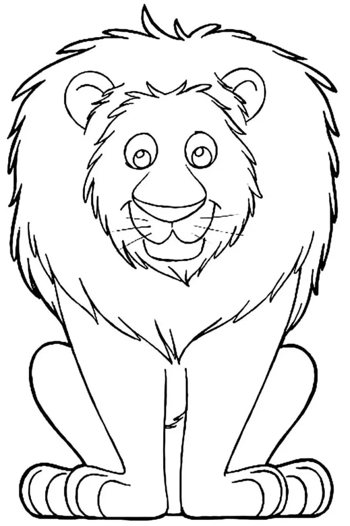 Leão sentado para colorir: Desenho divertido com juba exuberante e sorriso amigável.