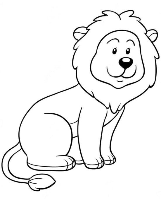 Leãozinho fofo para colorir: Desenho divertido de leão sorridente com juba.