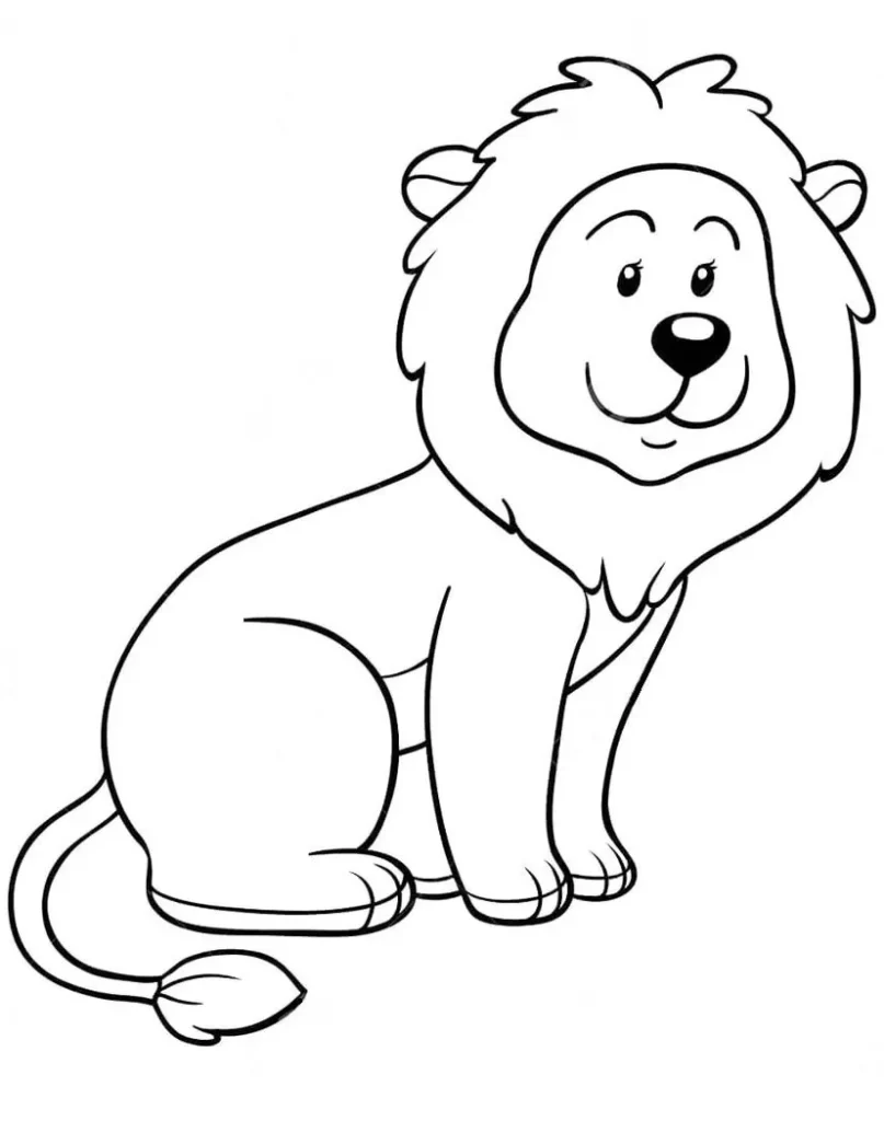 Leãozinho fofo para colorir: Desenho divertido de leão sorridente com juba.