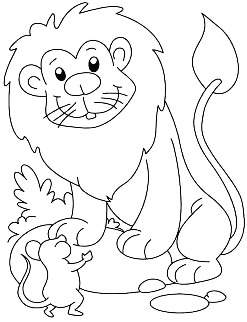 Leão e Rato: Desenho divertido para colorir. Arte com leão sorrindo e rato amigável.