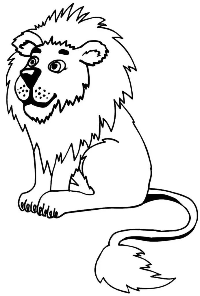 Leão com juba grande e sorriso amigável para colorir. Desenho divertido de leão sentado com cauda sinuosa.