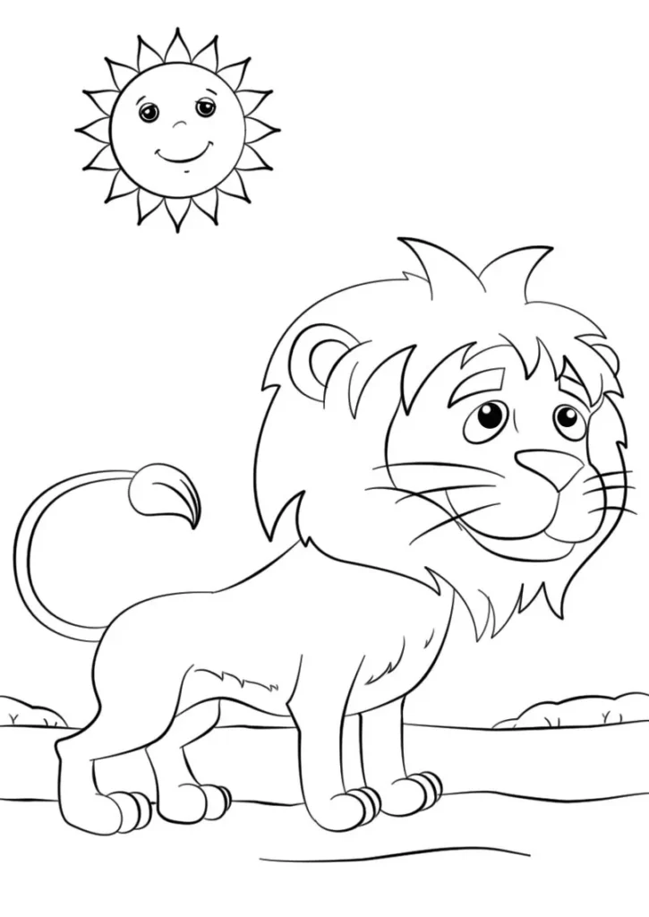 Leão sorrindo sob o sol: desenho divertido para colorir.
