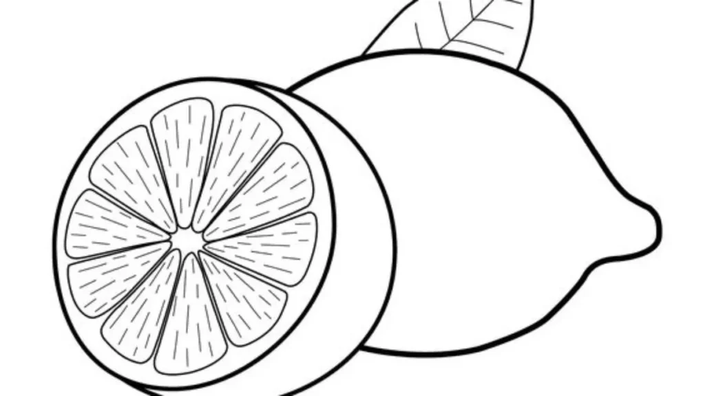 Desenho de limões para colorir: limão inteiro e limão partido exibindo os gomos.