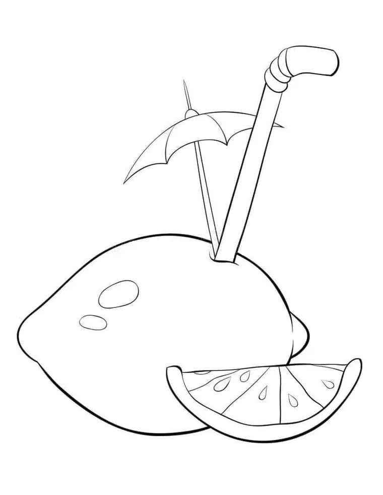 Limões para Colorir: Desenho de limão estilizado com fatia, canudo e guarda-sol para imprimir.
