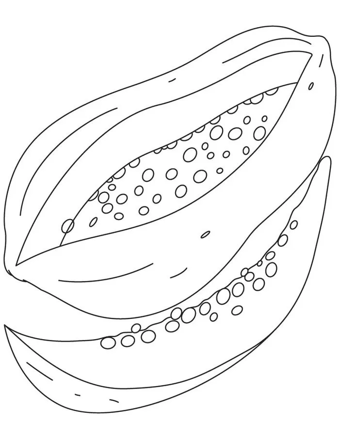 Desenhos de Mamões para imprimir e colorir Mamão maduro Desenho de mamão maduro fatiado para colorir: explore a fruta tropical com detalhes das sementes.