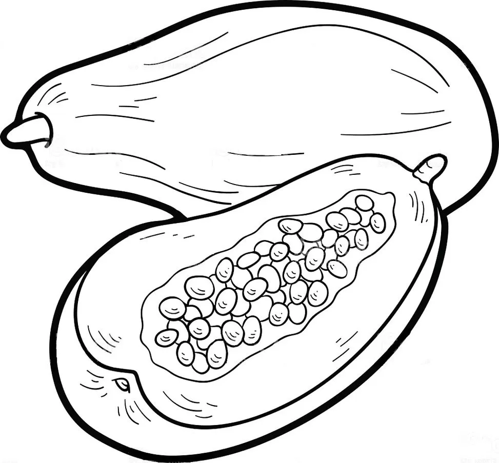 Desenhos de Mamões para imprimir e colorir Mamão partido Desenho de mamões: um inteiro e outro partido, ideal para colorir e explorar a fruta.
