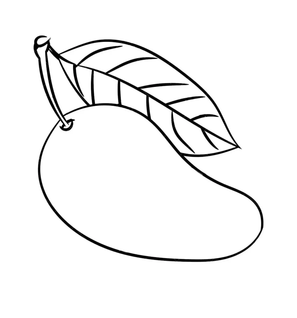 Desenho de manga com folha para colorir. Imagem de fruta tropical com talo.