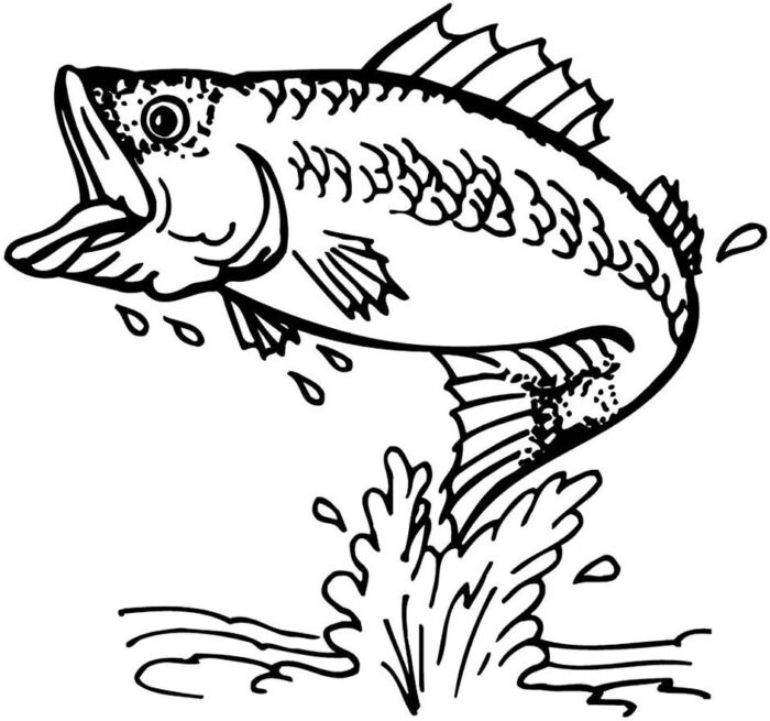 Desenho de peixe com boca aberta saltando da água para colorir e se divertir.