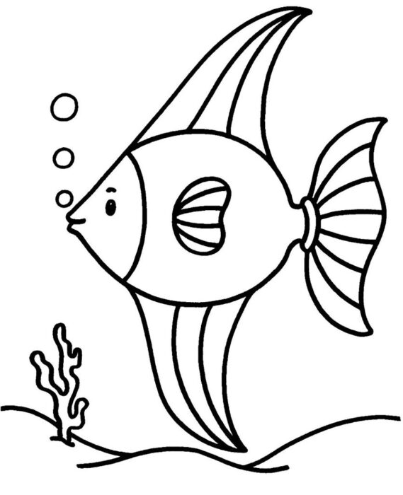 Desenho de peixe nadando e soltando bolhas para colorir. Atividade divertida com tema marinho.