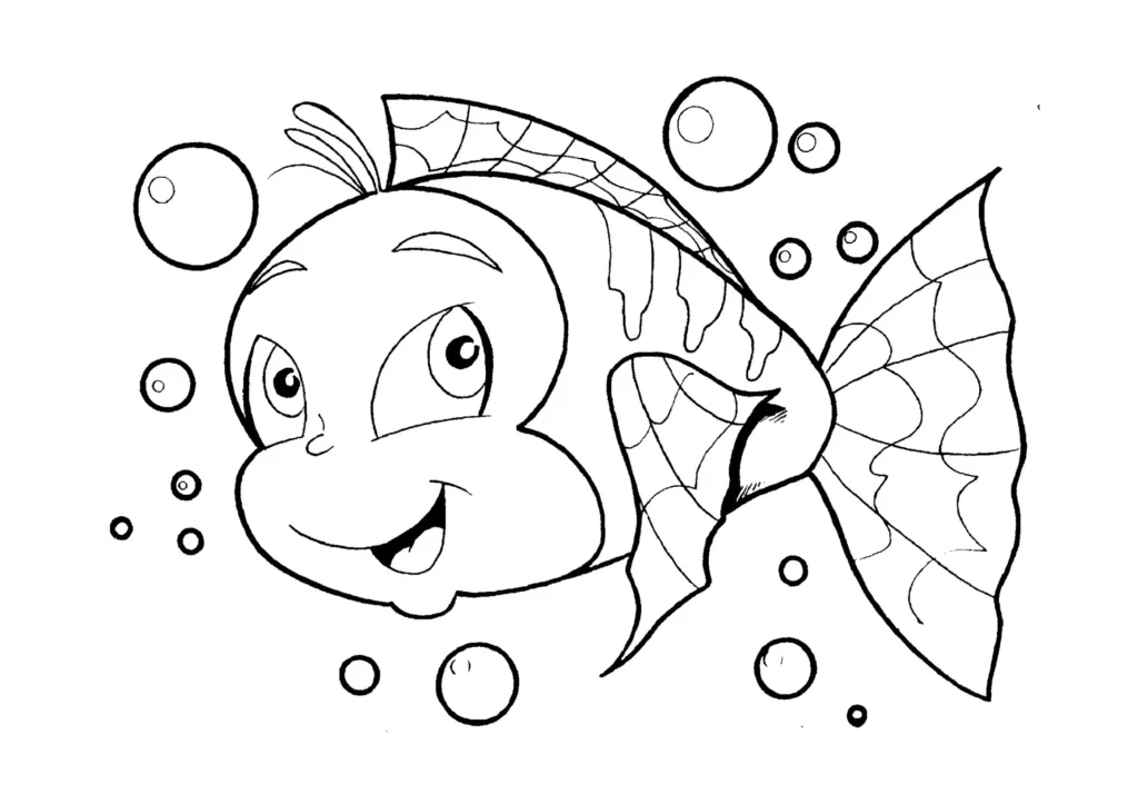 Desenho de peixe sorridente para colorir: arte e diversão com padrões nas barbatanas.