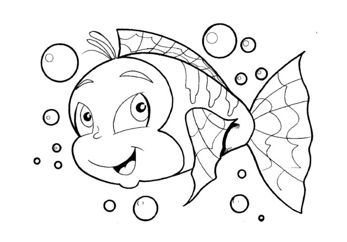 Desenho de peixe sorridente para colorir: arte e diversão com padrões nas barbatanas.