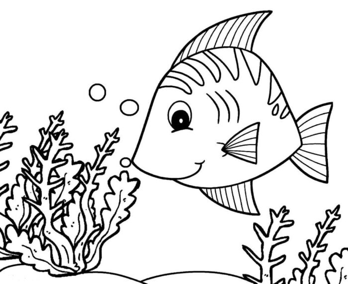 Peixe amigável no fundo do mar para colorir. Desenho divertido com tema aquático.