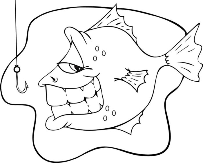 Desenho de peixe sorrindo com anzol próximo, pronto para colorir e alegrar o dia.