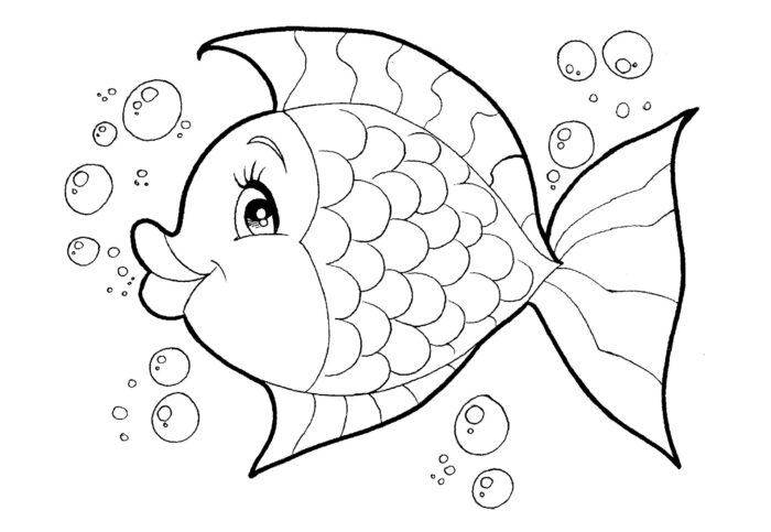 Desenho de peixe sorrindo para colorir. Atividade criativa com peixe fofo na água.