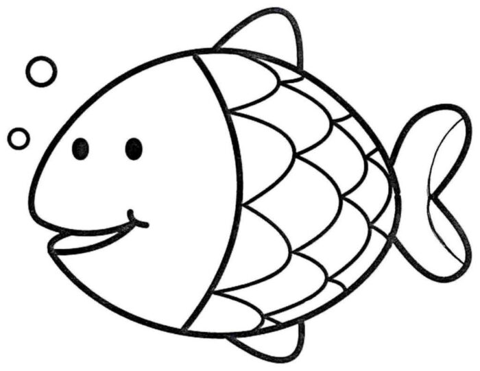 Desenho de peixe simpático para colorir: atividade divertida com peixe de corpo arredondado, escamas e bolhas.