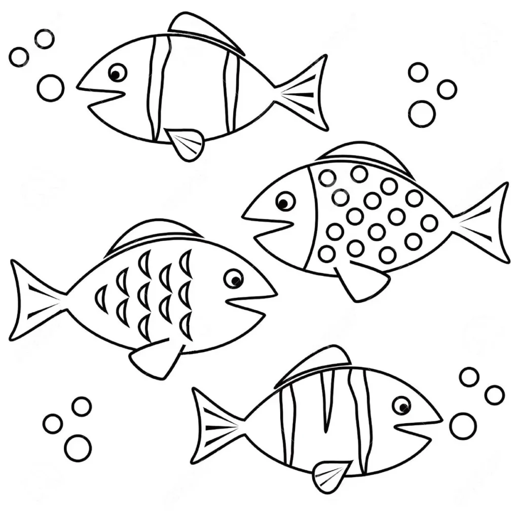 Peixes coloridos com diferentes padrões nadando e soltando bolhas. Desenhos de peixes para atividades criativas.