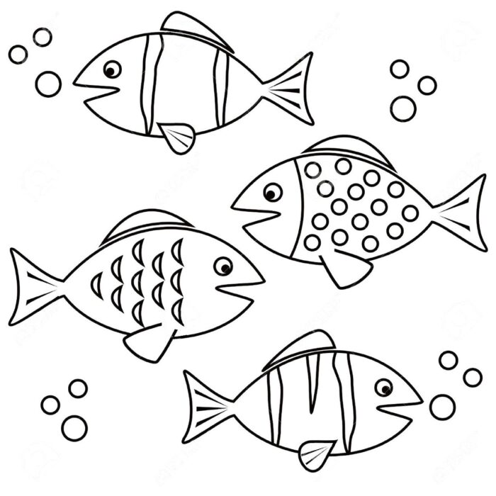 Peixes coloridos com diferentes padrões nadando e soltando bolhas. Desenhos de peixes para atividades criativas.