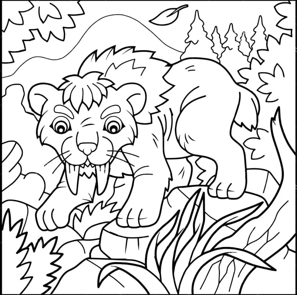 Tigre Dentes de Sabre para Colorir: Desenho Detalhado em Paisagem Natural