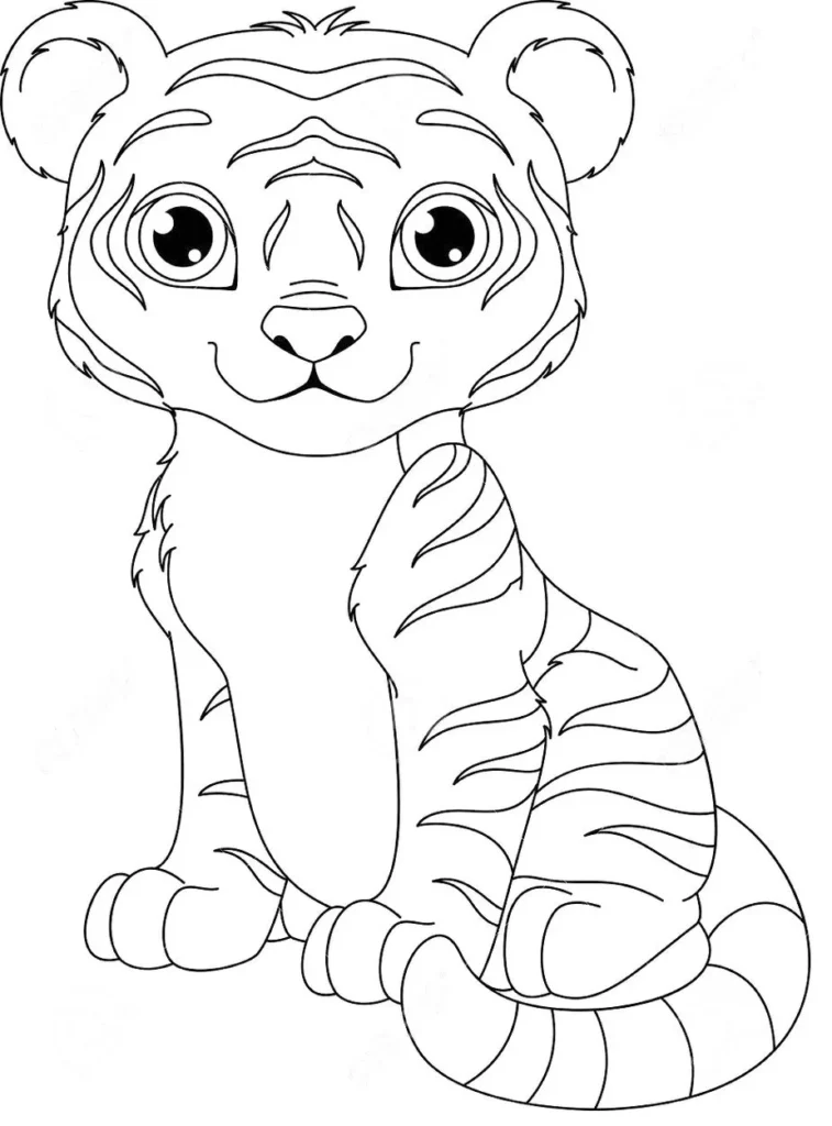 Tigre para colorir: desenho divertido de filhote com olhos expressivos e listras marcantes.