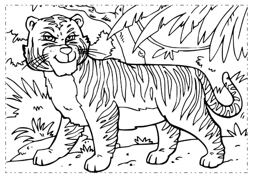 Tigre na natureza: desenho para colorir com listras e vegetação ao fundo.