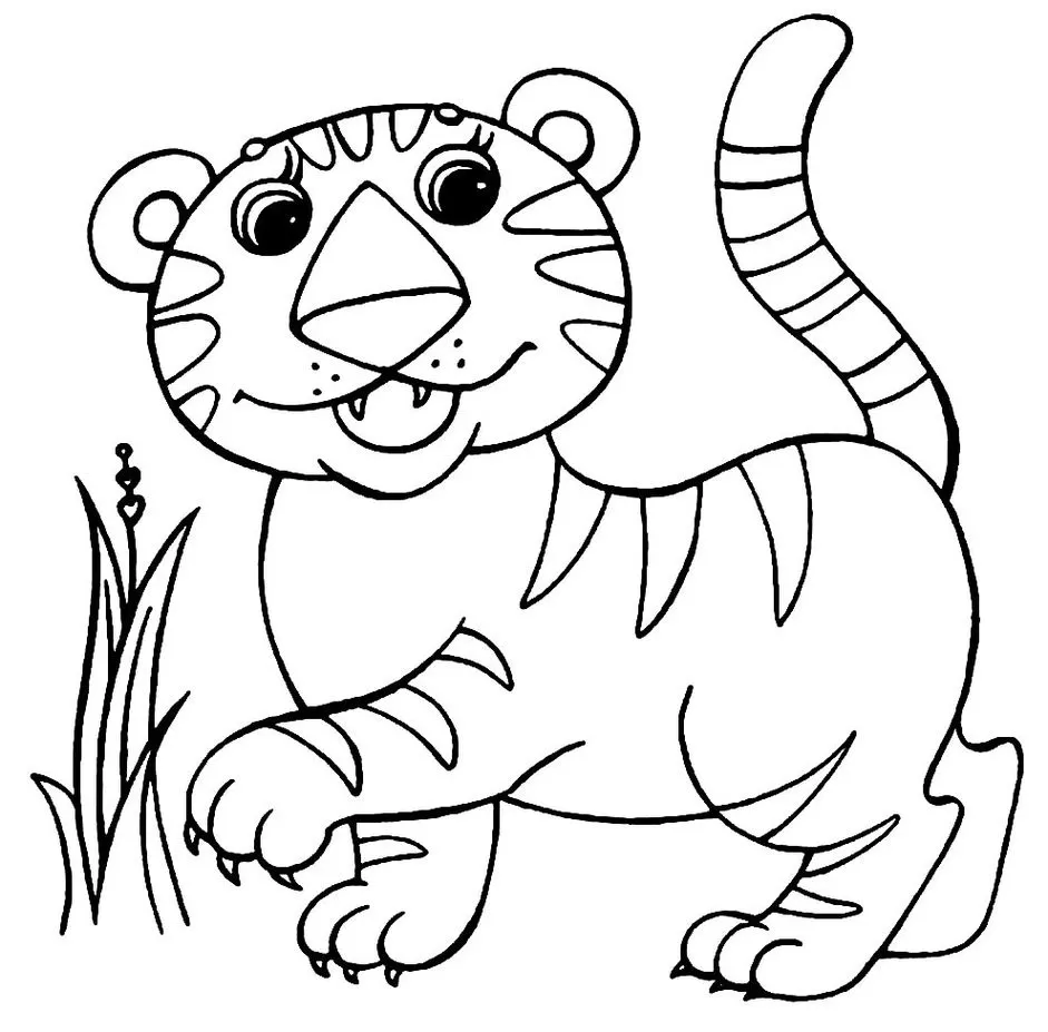 Tigre para colorir: desenho detalhado de um tigre em pé com vegetação ao lado.