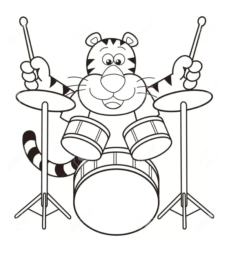 Tigre Músico: Desenho divertido de um tigre tocando bateria para colorir.