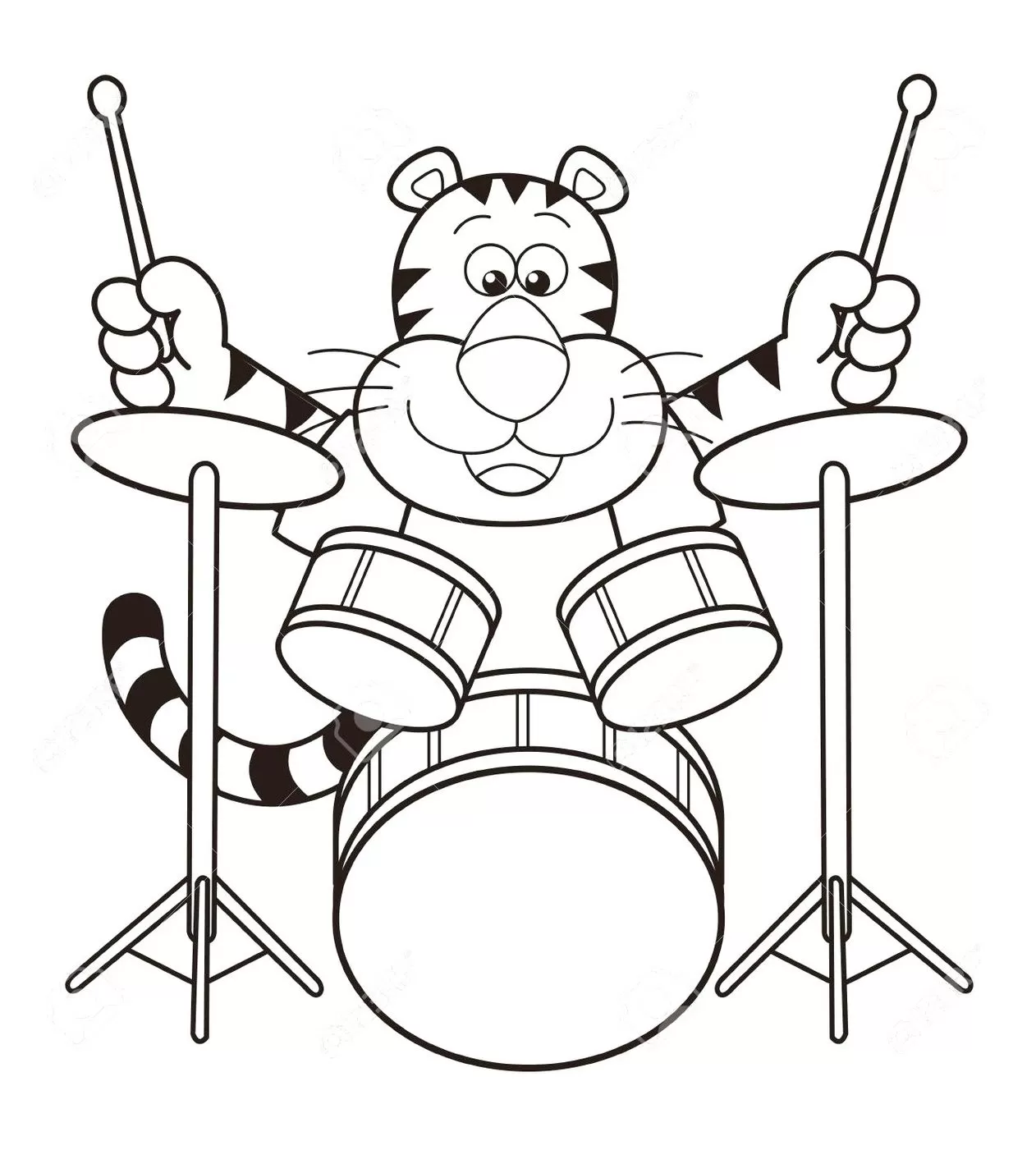 Tigre tocando bateria para colorir e pintar