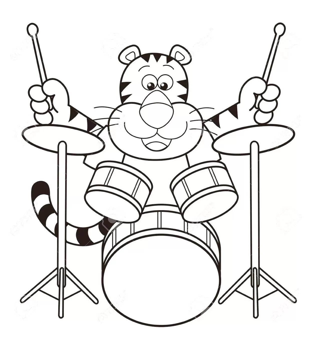 Tigre Músico: Desenho divertido de um tigre tocando bateria para colorir.
