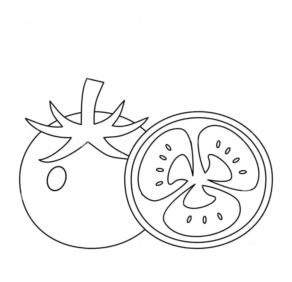 Tomate para Colorir: Desenho Detalhado de Tomate Inteiro e Metade