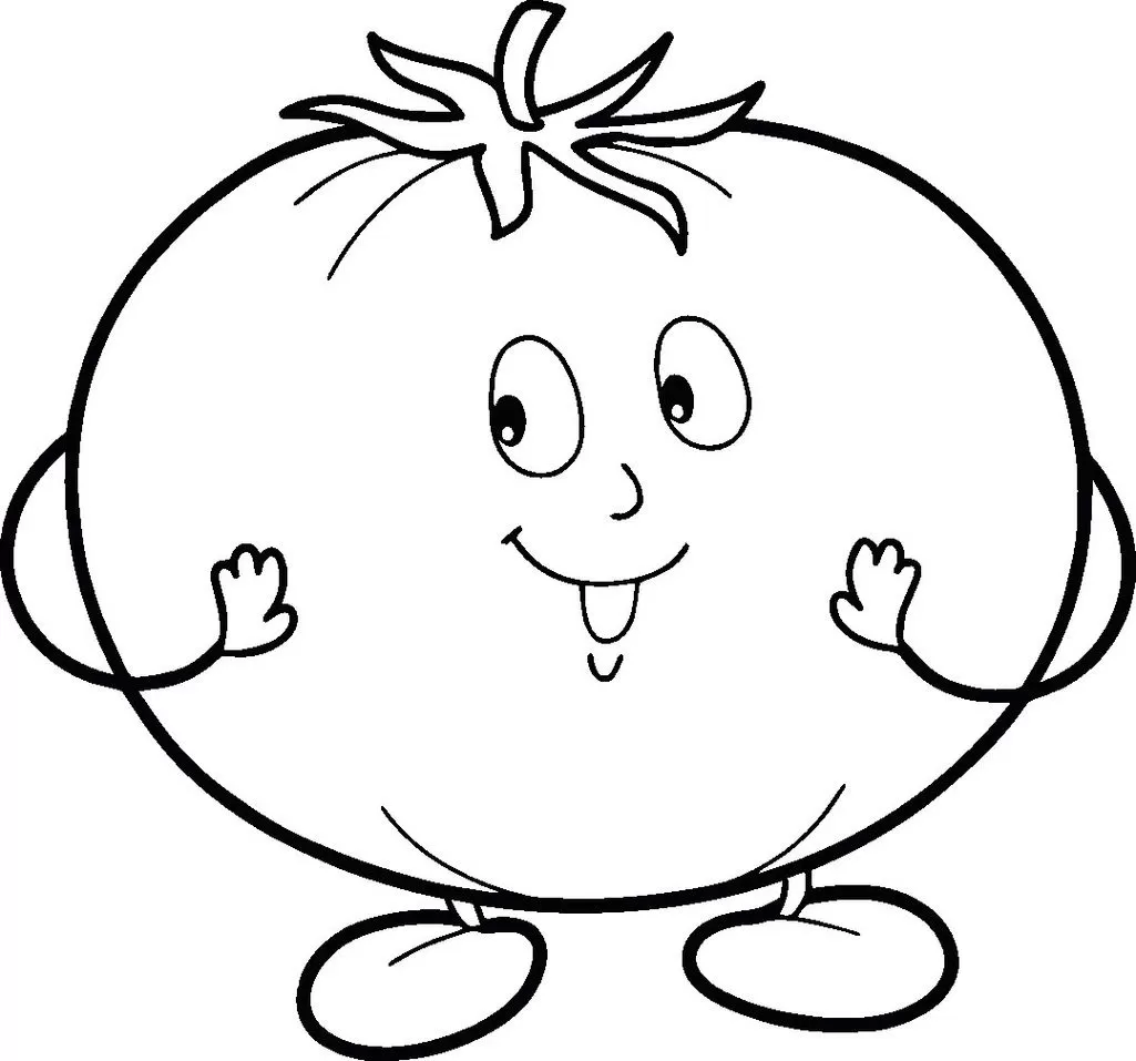 Tomate alegre para colorir: desenho divertido de tomate com olhos grandes e sorriso, ideal para atividades criativas.