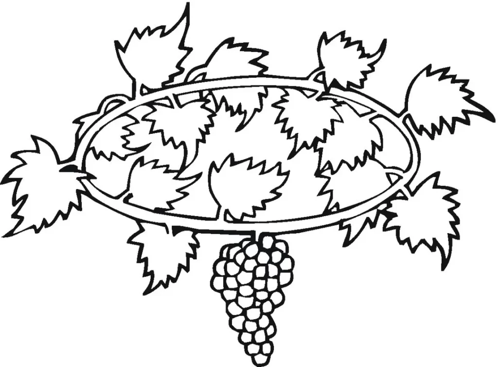 Desenho de uvas com folhas para colorir e imprimir. Imagem detalhada de cacho de uvas sob videira estilizada.