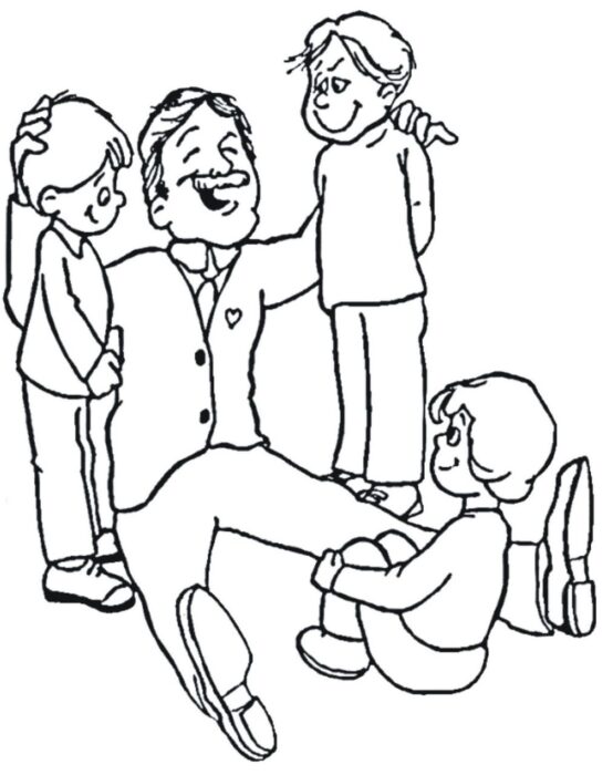 Desenho para colorir do Dia dos Pais: Pai feliz cercado por filhos
