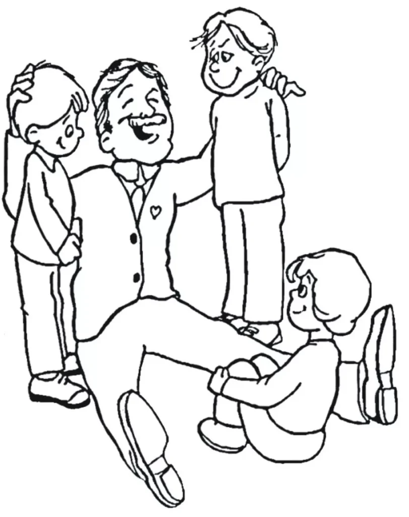 Desenho para colorir do Dia dos Pais: Pai feliz cercado por filhos