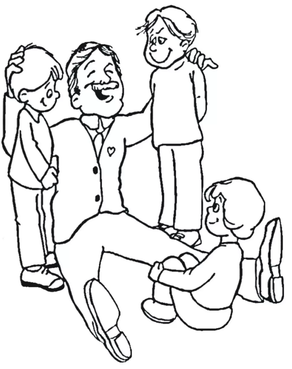Desenho para colorir do Dia dos Pais: Pai feliz cercado por filhos